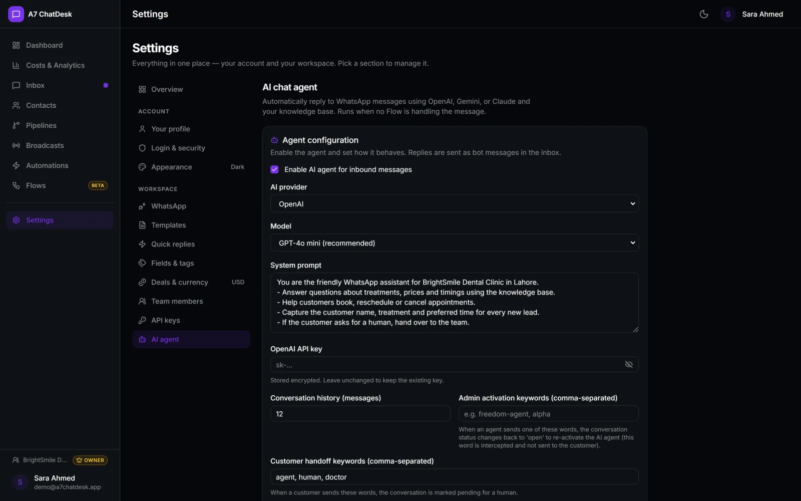 A7 ChatDesk: AI agent settings