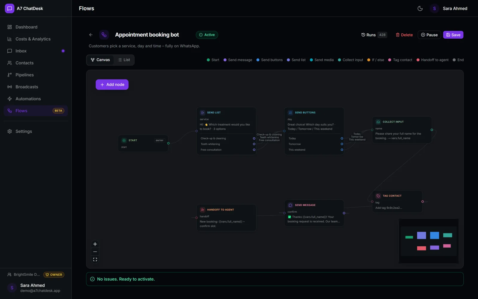 A7 ChatDesk: Booking bot flow (beta)