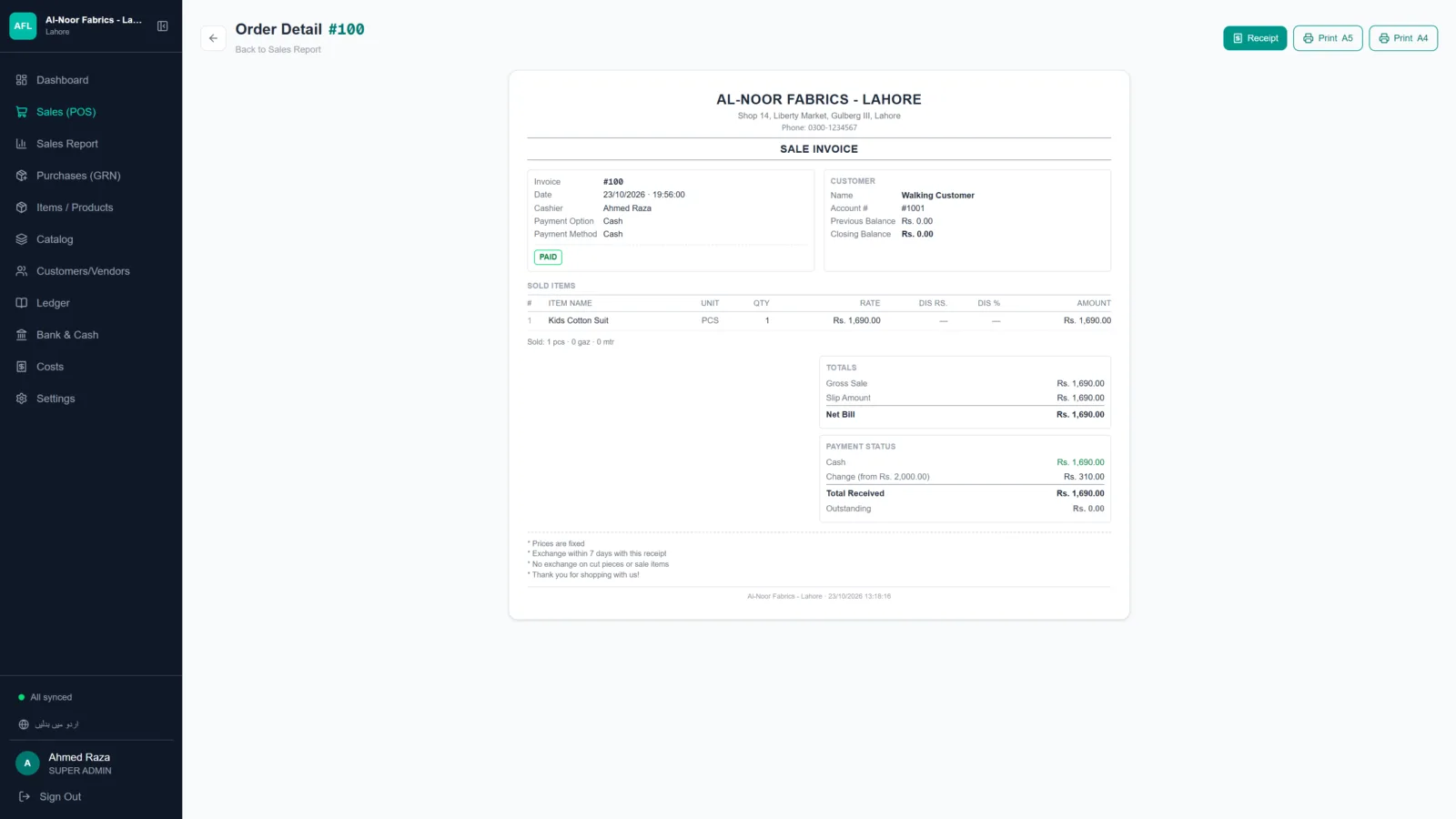 A7 Retail POS: Receipts & invoices