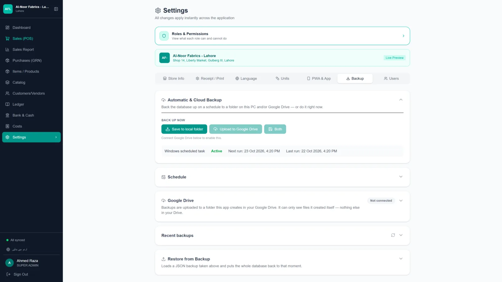 A7 Retail POS: Automatic & Google Drive backups